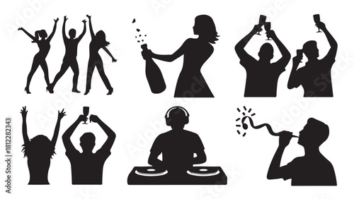 Set of party celebration silhouette icons vector illustration of people dancing drinking champagne and enjoying music isolated on white background