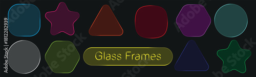 A vibrant collection of colorful geometric shapes including circles squares stars and hexagons arranged in two rows against a dark background with a central glowing text element