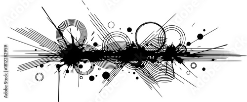 Hand drawn black ink abstract design with splatters, lines, and circles isolated on white background
