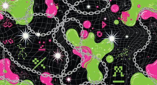 Abstract Y2K Acid Graphics Background with Chains, Neon Shapes, and Grids.