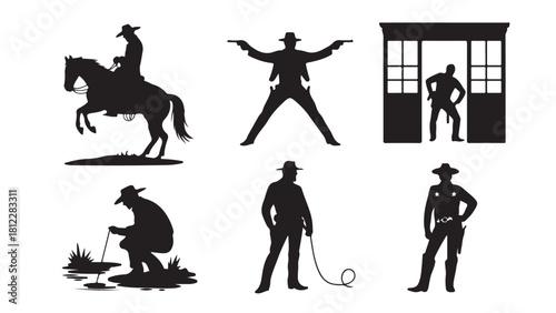 Silhouette set of western themed icons including a cowboy on horseback and a saloon vector illustration for graphic design