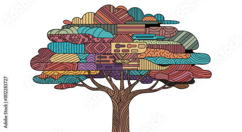 A vibrant and artistic tree with a canopy composed of abstract, multicolored patterns, resembling a patchwork quilt.