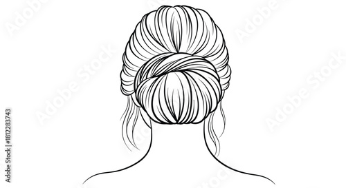A detailed line drawing showcasing the back of a woman's head with a classic, elegant hair bun hairstyle, perfect for formal occasions or a sophisticated everyday look.