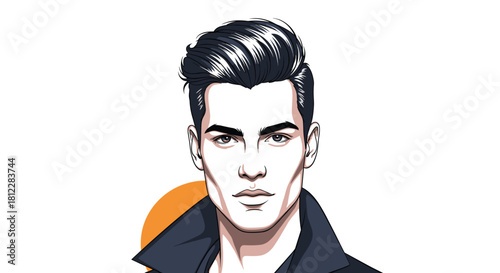Stylish vector illustration featuring a fashionable young man with a modern pompadour hairstyle, a strong jawline, and a confident expression.