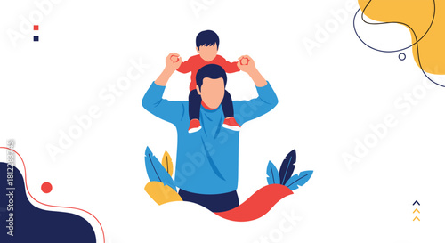 A father gives his young child a fun shoulder ride, celebrating family love and bonding with a joyful illustration.