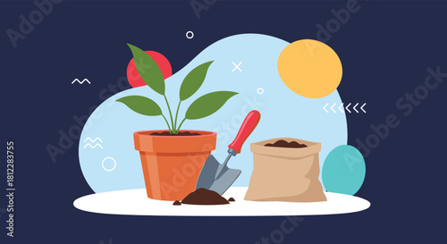 A healthy potted plant, a shiny gardening trowel, and a bag of nutrient-rich soil ready for planting, set against a stylish abstract background.