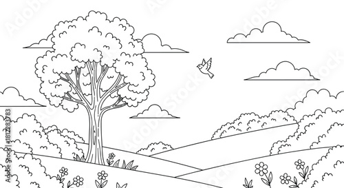 An outline drawing of a tranquil rural scene featuring a big tree, rolling hills, fluffy clouds, and a bird in flight.