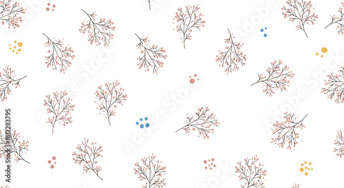 Soft and gentle seamless pattern with scattered hand-drawn botanical elements in pink and brown, accented by playful colorful dots.