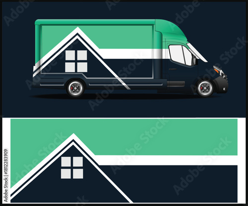 Moving company truck with house graphic for real estate or relocation services