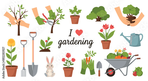 A collection of cartoon illustrations showing different aspects of gardening, including planting, pruning, tools, plants, and harvested produce.