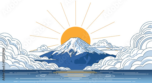 Iconic landscape illustration of Japan's Mount Fuji with a rising sun and clouds reflecting in the water in a clean line art style.