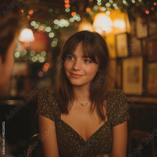 Young Woman Smiling Indoors in Warm Ambient Light