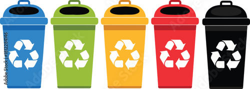 Recycle Bin Vector Icons Set. Eco-Friendly Waste Management Concept. Colorful recycle bins for waste sorting and management icon.