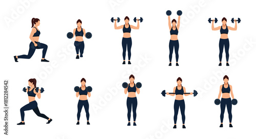 Complete set of illustrations showing a woman in sportswear doing various weight training exercises with dumbbells and a barbell.