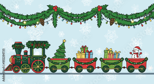 Adorable Christmas train carrying gifts and snowman through winter wonderland, perfect for holiday cards and festive promotions
