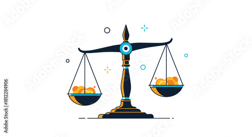 A simple flat illustration of a balance scale with coins on both sides representing concepts of justice finance and comparison.
