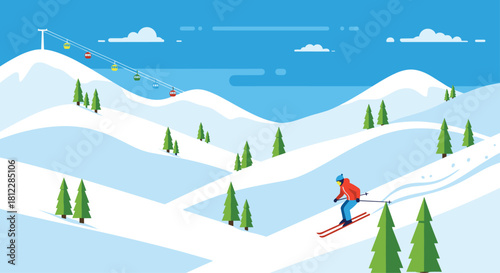 Vibrant ski resort scene with skier descending snowy slope and colorful gondolas, perfect for travel brochures and winter sport promotions