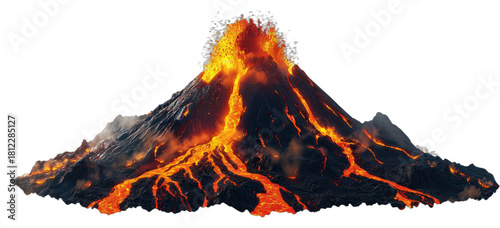 Active volcano erupting with flowing lava and smoke