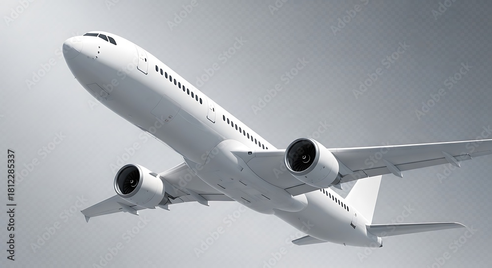 Fototapeta premium White commercial airplane in flight against a grey sky, an aircraft for passenger travel and transportation