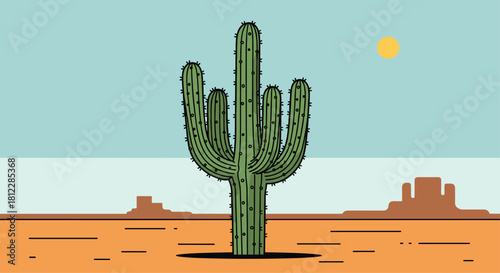 Tranquil desert landscape with a striking saguaro cactus basking under the radiant sun for travel and western themed projects