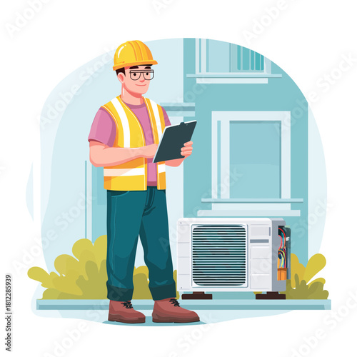 HVAC Technician inspecting air conditioning unit outside a building