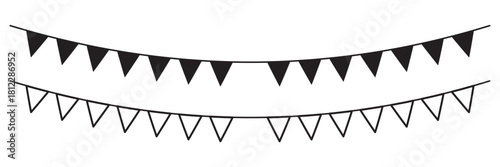 Hanging black flag banners adorn a white backdrop creating a stark contrast.