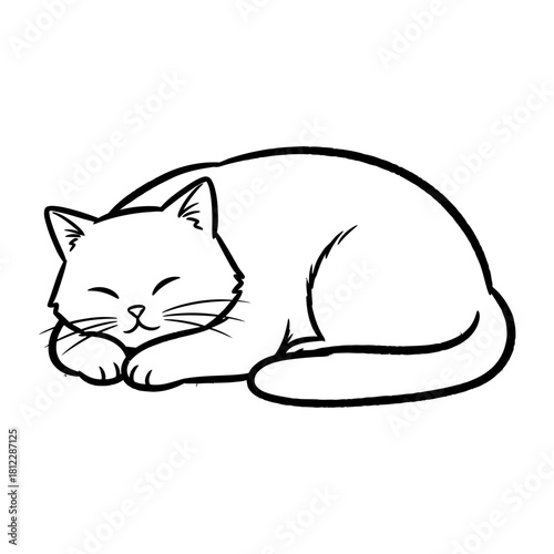 Simple monochrome line art illustration of a sleeping cat curled up.