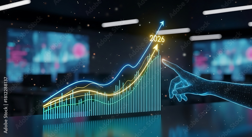Obraz premium Digital hand interacting with glowing neon bar graph showing growth in 2026 chart data