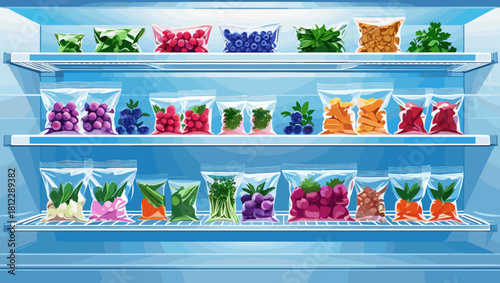 Colorful assortment of packaged frozen fruits and vegetables neatly arranged in a freezer