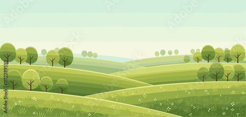 Soft rolling hills illustrated in smooth layered gradients. Gentle shading and clean transitions offer excellent visual softness. Ideal for backgrounds and outdoor scenes