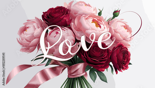 Beautiful bouquet of peonies and roses with the word "Love" in elegant script