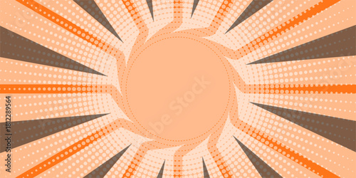 Soft Nude Orange Comic Pop Art Background with Central Circle Frame and Halftone Sunburst