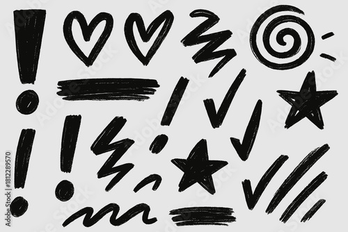 Minimal black sketch marks arranged in a clean layout. Strong strokes and even proportions ensure high quality artistic simplicity. Suitable for marking, highlighting, and visual accents