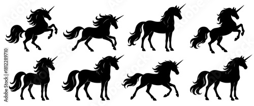 Stylized unicorn silhouettes illustrated in dynamic rearing and walking poses. Clean lines and balanced proportions throughout. Curved tails and detailed horns add expressive fantasy energy