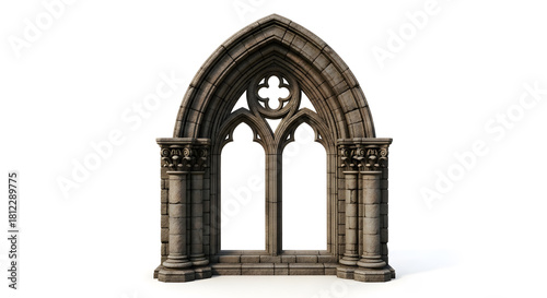 Ancient stone gothic arch window frame with ornate details and pillars, standing isolated on a surface