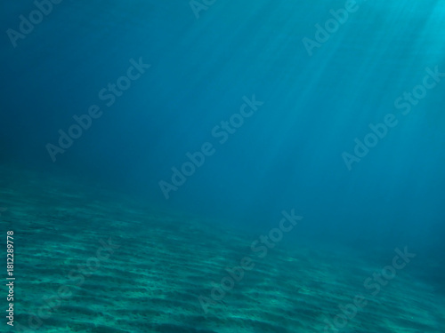 Ocean underwater rays of light background, under blue water sunlight. Underwater background, ocean or sea surface seen from under water. Rays of light beams, abstract marine backdrop. Nature landscape
