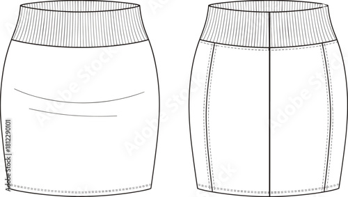 Elegant high-waist knit pencil skirt fashion flat sketch showcasing front and back technical design details for professional apparel vector illustration