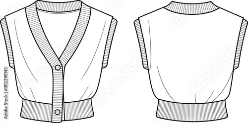 Detailed sleeveless knitted vest fashion flat sketch showing front and back views with ribbed trims, button closure, and clean technical illustration