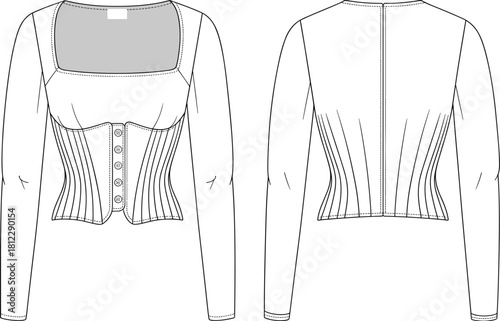 Elegant long-sleeve corset top fashion flat sketch with structured boning, button-front detailing, square neckline, and fitted silhouette vector illustration design