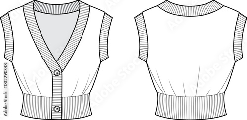 Elegant sleeveless knit vest fashion flat template with ribbed trims, button-down front design, stylish silhouette and detailed technical vector illustration