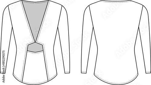 Elegant women’s long-sleeve top flat fashion sketch with deep V-neck cutout detail, modern silhouette, technical drawing style, clean vector illustration