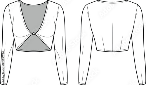 Elegant long-sleeve cropped bolero top fashion flat sketch with front twist detail, button closure, technical drawing style for apparel design
