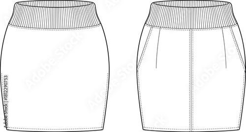 Ribbed waistband pencil skirt fashion flat sketch featuring clean silhouette, technical seams, subtle shaping lines, and modern vector apparel illustration design
