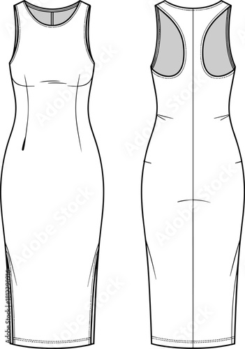 Elegant sleeveless bodycon midi dress fashion flat sketch featuring racerback detail, contour seams, fitted silhouette, and clean technical vector design