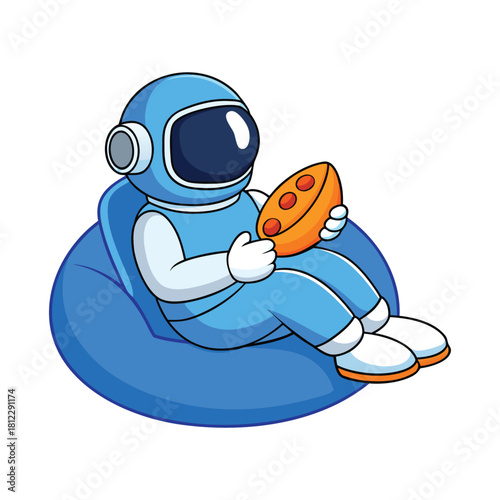 An astronaut is sitting on a blue beanbag chair and holding a pizza isolated on the astronaut is happy