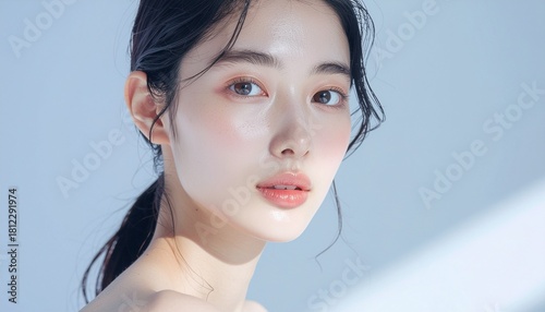 日本人, 清楚な若い女性, 横顔, ナチュラルな笑顔, 柔らかい光, 白背景, 透明感ある肌, 美容広告スタイル Japanese, modest young woman, side profile, natural smile, soft light, white background, translucent skin, beauty ad style	
