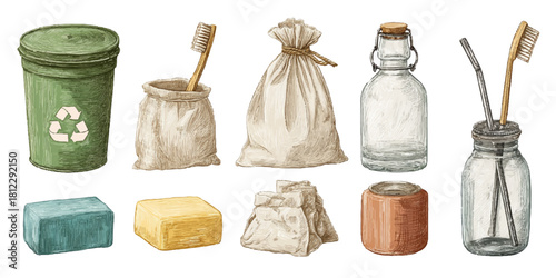 Collection of eco friendly sustainable bathroom products and toiletries for zero waste lifestyle