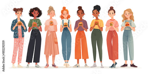 Diverse group of young women holding and looking at their smartphones in a modern illustration