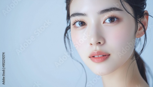 日本人, 超リアル, 美しい若い女性, 顔クローズアップ, 欠点のない肌, 輝く肌質, ナチュラルメイク, 柔らかなライティング, 美容CM風, シネマティック, カメラ目線, 高解像度, Japanese, ultra-realistic, beautiful young woman, face close-up, flawless skin, glowing complexion	
