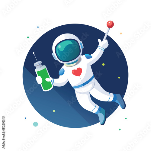 An astronaut is floating in space with a lollipop and a green drink isolated on cute cartoon illustration